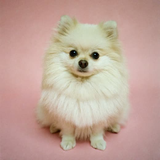 A freshly groomed fluffy white dog sitting against a soft pink background
