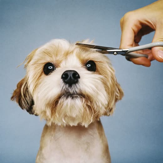 The fur around a small dog's face being trimmed with grooming scissors